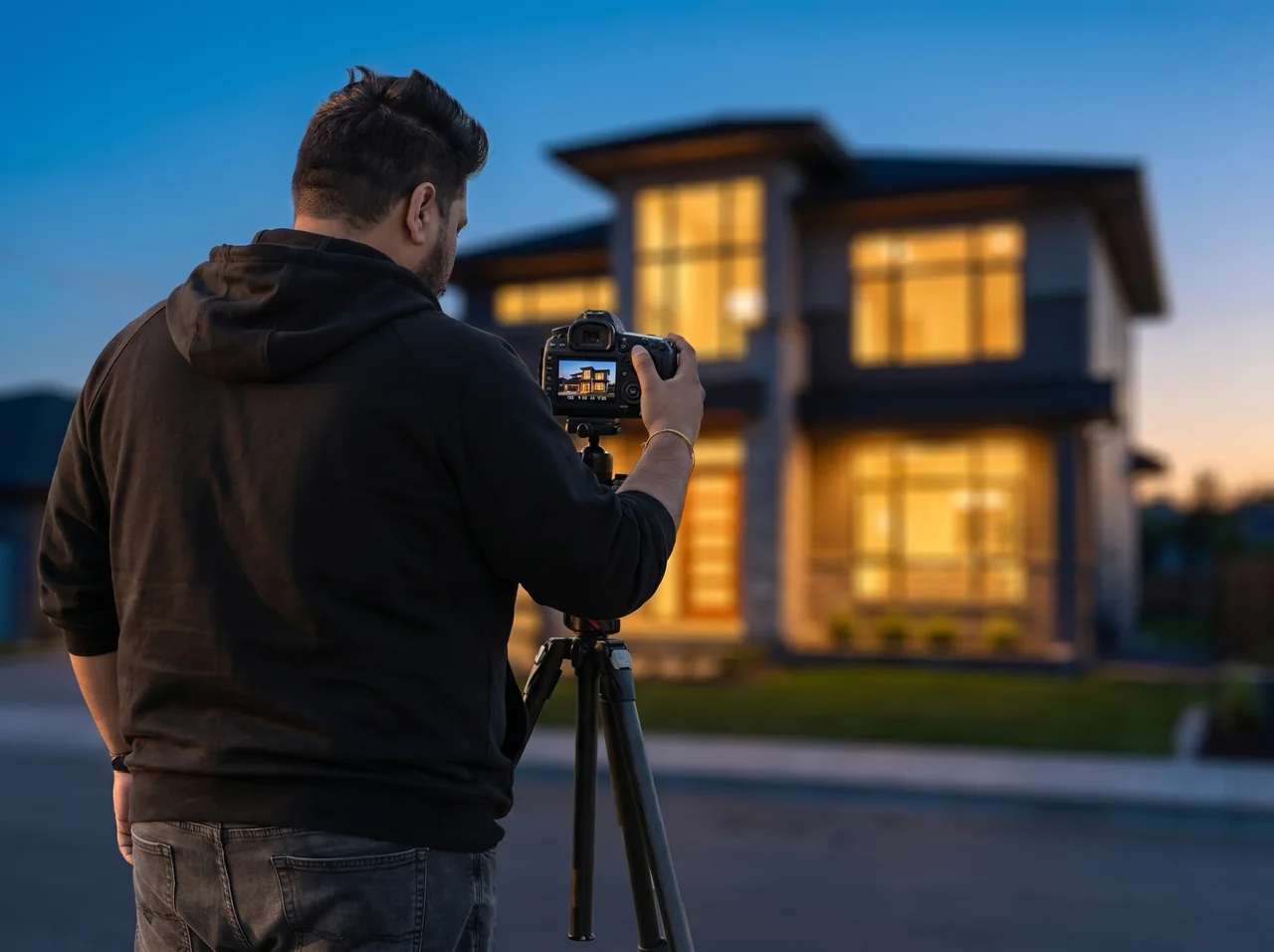 A photographer capturing a Fraser Valley home at twilight
